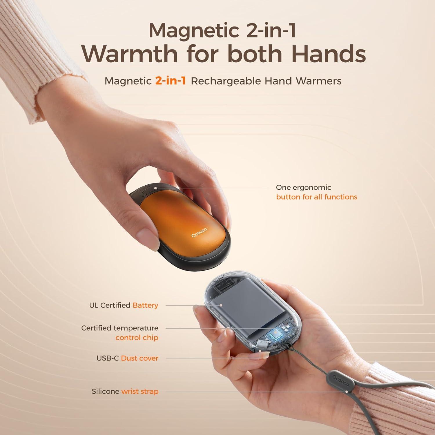 imageOCOOPA Magnetic Hand Warmers Rechargeable 2 Pack Electric Handwarmers Smart Heating UL Certified 3SettingsPortable Heater Ultra Slim Pocket Hunting Essentials Gifts for Christmas Men UT3 LiteOrange