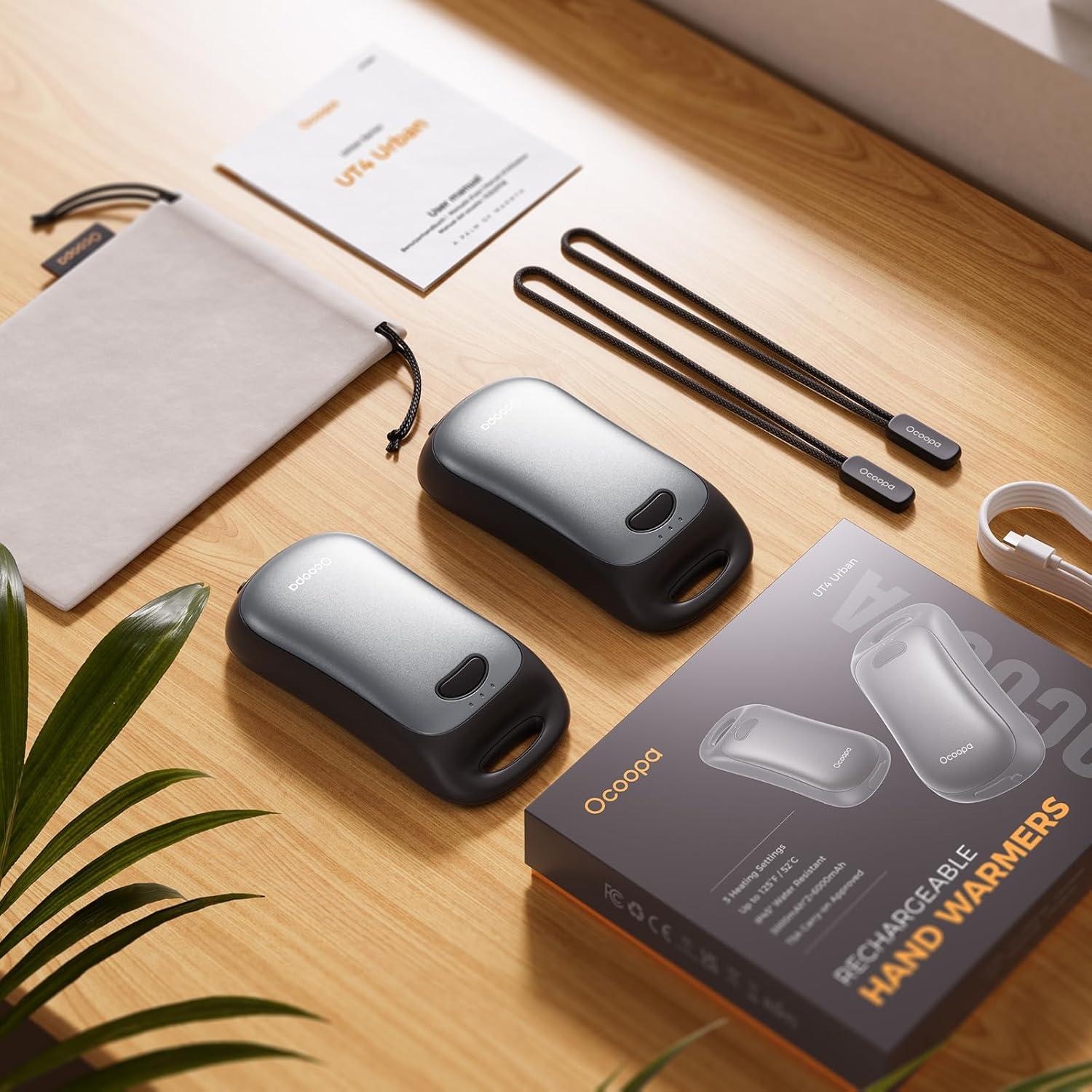 imageOCOOPA Magnetic Hand Warmers Rechargeable 2Pack IP45 Water Resistant UL Certified Ergonomic Electric Hand Warmer Up to 9hrs Pocket Size Raynauds Golf Outdoor Tech Gifts for Men UT4 UrbanSlate Gray